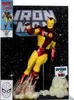 Iron Man action figure posed in flight against a starry background, with comic book elements. Produktbild-Vorschau