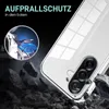 A clear phone case is shown with a graphic illustrating its protective features against impact, set against a dark background with falling rocks. Produktbild-Vorschau