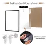 An exploded view of a picture frame, showing its components and how to assemble it, along with instructions for removing protective film and examples of hanging hooks. Produktbild-Vorschau
