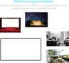 Collage of images showing different scenarios where a projection screen can be used, including a home theater, outdoor camping, and a conference room presentation. Produktbild-Vorschau