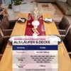 A dining table set with placemats, cutlery, wine glasses, and a centerpiece, with a size chart overlay. Produktbild-Vorschau