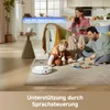 A family is relaxing in a living room while a robot vacuum cleaner operates on the floor. Produktbild-Vorschau