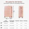 A size chart for pink suitcases with dimensions, capacity, weight, and travel days. Náhľad obrázku produktu