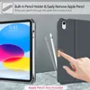 A split image showing an iPad case with a built-in pencil holder and a demonstration of how to remove the Apple Pencil. Produktbild-Vorschau