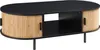 A studio shot of an oval coffee table with a black top and natural wood slatted sides, supported by black metal legs. Anteprima dell’immagine prodotto