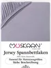 A close-up view of a gray jersey fitted sheet, showing the elasticized corner. Produktbild-Vorschau
