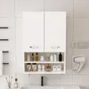 A white bathroom cabinet with shelves filled with toiletries, mounted on a tiled wall. Náhled obrázku produktu