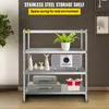 A stainless steel storage shelf with various items displayed on its shelves, including decorative items, a radio, and storage boxes. Náhled obrázku produktu