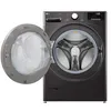 A front view of a dark gray LG washing machine with the door open, revealing the drum. Produktbild-Vorschau