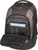 A black and gray checkered backpack with its main compartment open, showing a tablet and various pockets. Produktbild-Vorschau