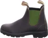 A side view of a brown Blundstone boot with an olive green elastic side panel. Produktbild-Vorschau