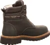 A side view of a black leather boot with brown accents. Voir les images du produit