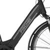 A close-up view of the frame and front wheel of a black electric bicycle. Produktbild-Vorschau