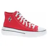 A red high-top sneaker with white laces and a white sole, shown against a white background. Voir les images du produit