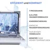 An open dishwasher with water splashing inside, next to a list of product features. Produktbild-Vorschau