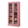 A pink metal filing cabinet with glass doors and shelves, filled with decorative items and books. Produktbild-Vorschau
