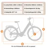 A diagram showing the dimensions and specifications of an e-bike, with a silhouette of the bike for reference. Produktbild-Vorschau