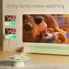 A mini projector is shown on a table, projecting a movie onto a wall. The image also includes text and smaller images highlighting features. Náhled obrázku produktu