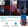 A security camera is shown monitoring a house at night, with a burglar attempting to break in. A smartphone displays a live feed from the camera. Produktbild-Vorschau