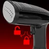 Close-up of a black handheld garment steamer with red lock icons and arrows indicating a function. Produktbild-Vorschau