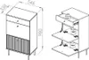 Two line drawings of a cabinet, one showing dimensions and the other showing open doors and drawers with weights. Náhľad obrázku produktu