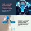 A woman wearing headphones is looking at her phone, with an illustration of earbud technology below. Podgląd zdjęcia produktu
