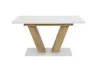 A white dining table with wooden legs on a white background. Produktbild-Vorschau