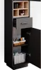 A tall, narrow bathroom cabinet with its door open, revealing shelves and a drawer with toiletries and cleaning supplies. Anteprima dell’immagine prodotto