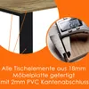 A close-up of a table corner and a caliper measuring the thickness of the table edge, with text describing the product's material and dimensions. Náhľad obrázku produktu
