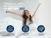 A woman stretching in bed with icons and text promoting sleep comfort, sustainability, and easy installation. Produktbild-Vorschau