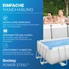 A couple relaxing in a rectangular above-ground swimming pool, with marketing text on the left side. Produktbild-Vorschau
