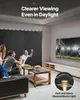 People watching a soccer game on a large screen in a living room, with a promotional graphic about the screen's clarity. Voir les images du produit