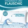 A white pillow with water splashing around it, and marketing text overlayed. Produktbild-Vorschau