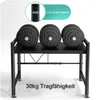 A black dumbbell rack with three sets of dumbbells on top, with text overlays indicating material thickness and weight capacity. Náhľad obrázku produktu