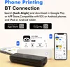 A product image showing a portable printer and its connection to a smartphone via Bluetooth, along with app store download links. Náhľad obrázku produktu