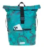 A teal and green floral patterned roll-top backpack with a black buckle and a white smartphone in the front pocket. Produktbild-Vorschau