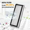 A HEPA filter is shown in the foreground, with a family in the background and animated particles representing allergens being filtered. Voir les images du produit