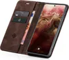 A brown leather flip case for a smartphone, open to reveal the phone screen and card slots. Produktbild-Vorschau