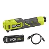 A Ryobi cordless screwdriver, its battery, and a USB charging cable are displayed against a white background. Produktbild-Vorschau