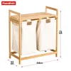 A bamboo laundry sorter with two white fabric bags, shown with dimensions indicated. Podgląd zdjęcia produktu