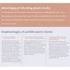 A marketing image comparing vibrating alarm clocks to audible alarm clocks, detailing advantages and disadvantages. Podgląd zdjęcia produktu
