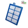 A vacuum cleaner filter with a blue frame and white pleated filter material, set against a white background. A small logo is visible in the top right corner. Produktbild-Vorschau
