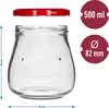 A clear glass jar with a red lid, shown with measurement indicators. Produktbild-Vorschau