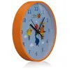 A close-up, angled view of a children's wall clock with an orange frame and a light blue face featuring cartoon characters. Voir les images du produit
