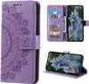 A collage of images showing a purple mandala-patterned flip phone case for a Samsung Galaxy S23, including a view of the case open with cards and cash inserted, and the phone propped up in the case. Produktbild-Vorschau