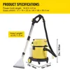 A yellow wet/dry vacuum cleaner with accessories and product specifications displayed. Produktbild-Vorschau
