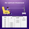 An illustration showing a person sitting in a chair looking at a TV, with a table showing recommended viewing distances for different screen sizes and resolutions. Produktbild-Vorschau
