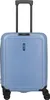A blue Travelite trolley suitcase with a black retractable handle and black wheels, shown from the front.