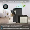 A black air purifier with filters and illustrative graphics of viruses and leaves. Produktbild-Vorschau