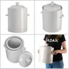 A collage of four images showing a white ceramic fermentation crock from different angles, including a person holding it. Podgląd zdjęcia produktu